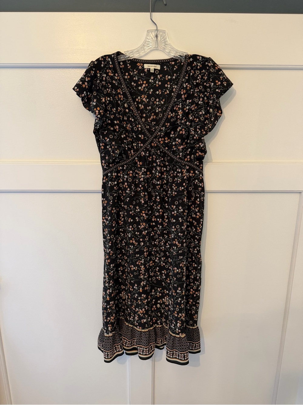 Max Studio Black Floral Wrap-Style Midi Dress